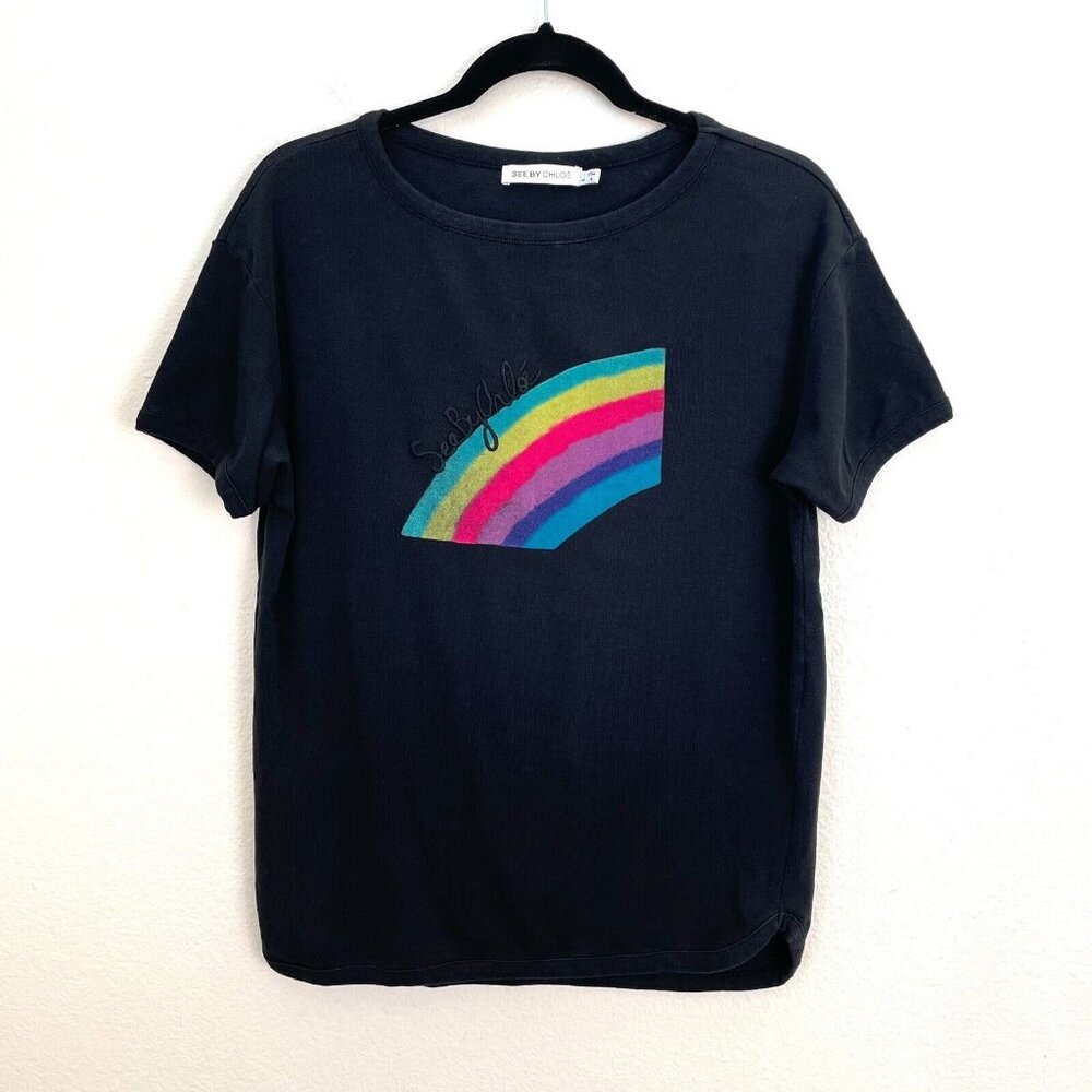 See by Chloe Womens 4 Black Rainbow Print Tโ Shirt Short Sleeve Top Cotton